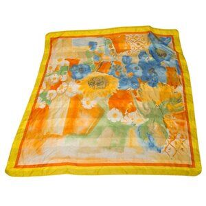 Large Floral Scarf Watercolor Design Yellow Orange Green Blue Vintage Accessory